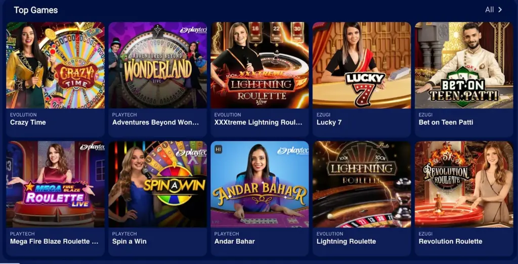 Various online live casino games displayed on Spinday Casino, emphasising fun and entertainment for gaming enthusiasts.