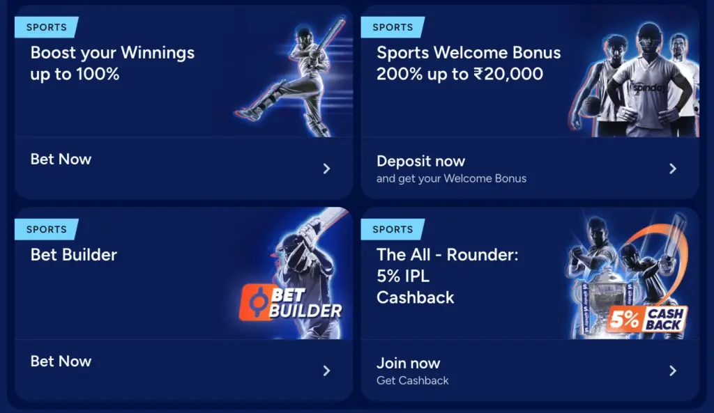 Spinday Casino sports betting bonuses with their details and icons on a dark blue background.