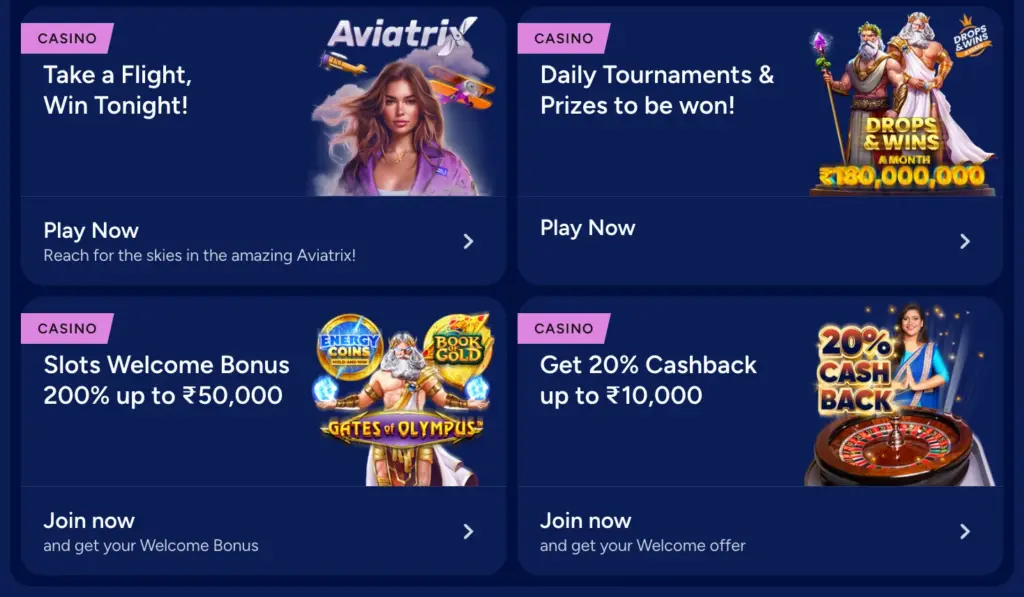 Spinday casino bonuses with their details and icons on a dark blue background.