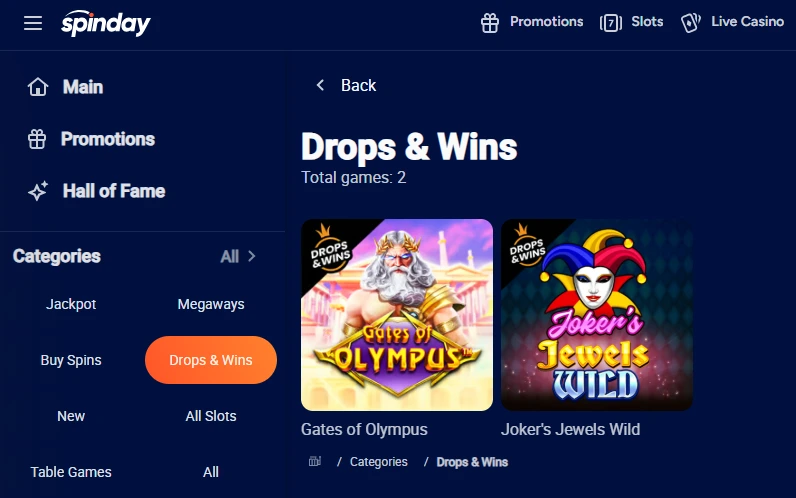 Spinday Casino’s slots eligible for the Drops & Wins event: Gates of Olympus and Joker’s Jewels Wild