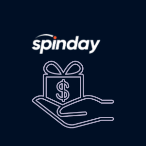 A dark background with the Spinday logo at the top. Below it, an outline of a hand holds a gift box